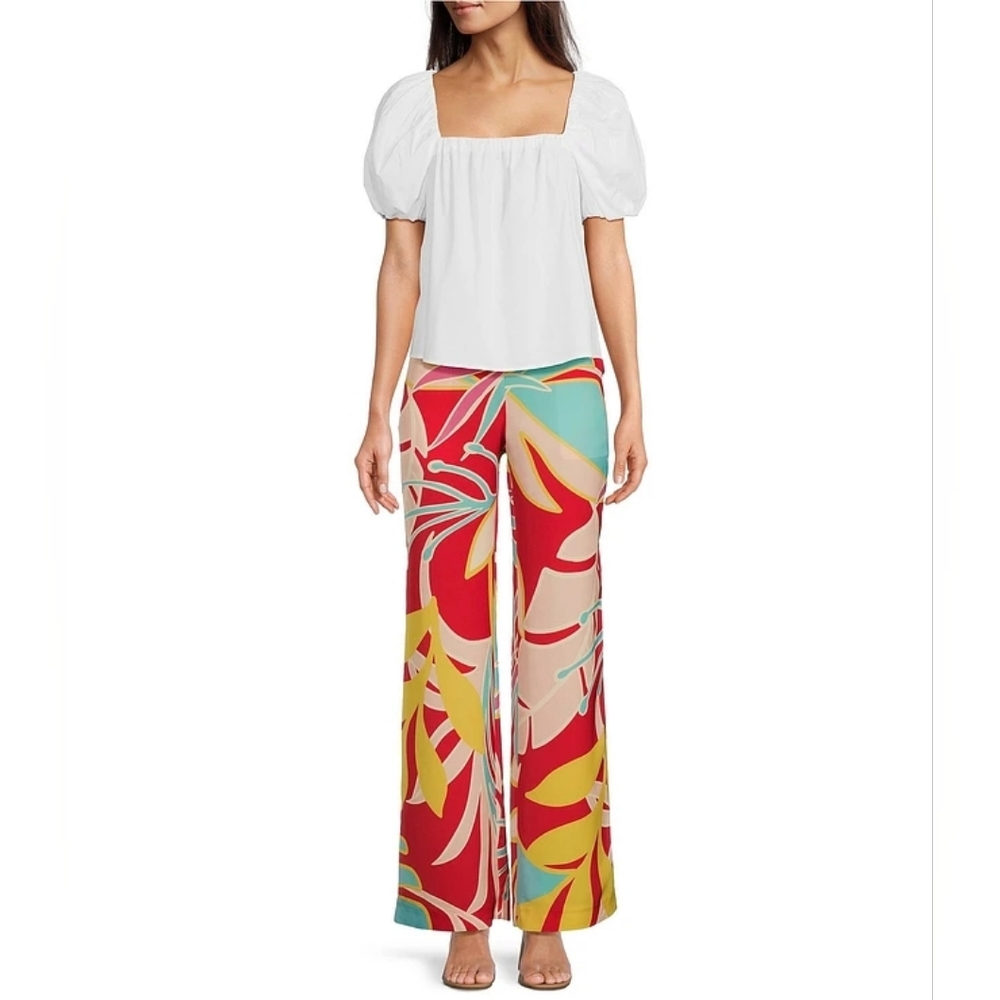 Alex Marie Multicolor Tropical Pattern Wide Leg Pants XS Elastic Waist Morocco